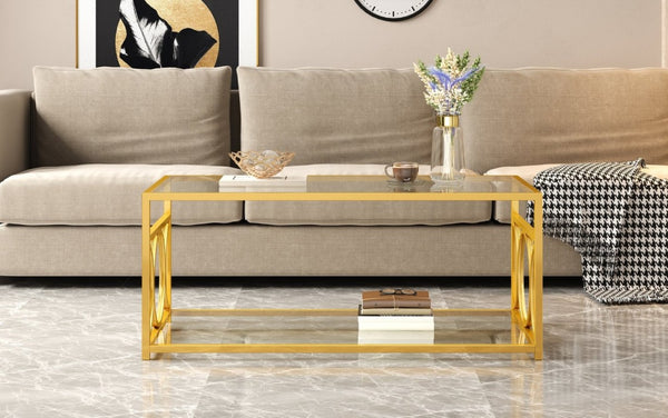 English Elm Modern Art Deco Rectangular Glass Coffee Table with Gold Geometric Frame Two Tier Transparent N735P507235K