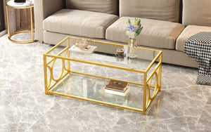 English Elm Modern Art Deco Rectangular Glass Coffee Table with Gold Geometric Frame Two Tier Transparent N735P507235K