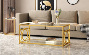 English Elm Modern Art Deco Rectangular Glass Coffee Table with Gold Geometric Frame Two Tier Transparent N735P507235K