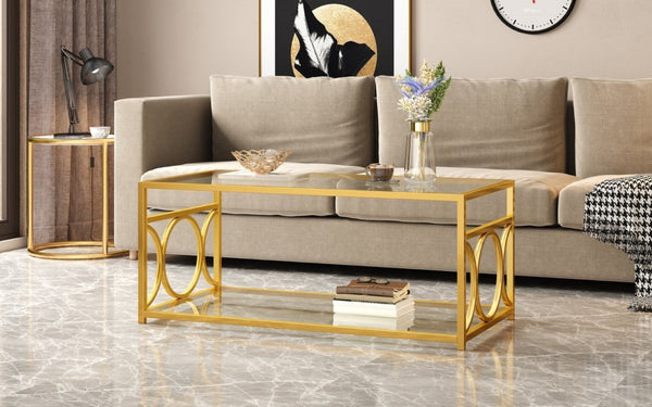 English Elm Modern Art Deco Rectangular Glass Coffee Table with Gold Geometric Frame Two Tier Transparent N735P507235K