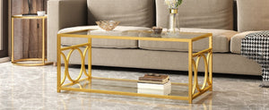 English Elm Modern Art Deco Rectangular Glass Coffee Table with Gold Geometric Frame Two Tier Transparent N735P507235K