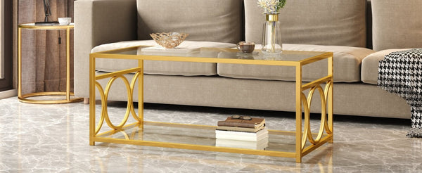 English Elm Modern Art Deco Rectangular Glass Coffee Table with Gold Geometric Frame Two Tier Transparent N735P507235K