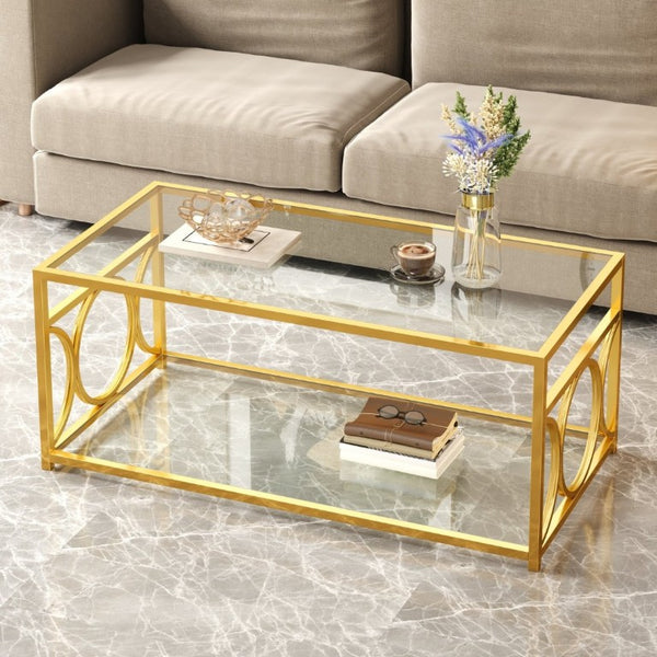 English Elm Modern Art Deco Rectangular Glass Coffee Table with Gold Geometric Frame Two Tier Transparent N735P507235K