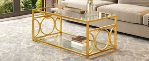 English Elm Modern Art Deco Rectangular Glass Coffee Table with Gold Geometric Frame Two Tier Transparent N735P507235K