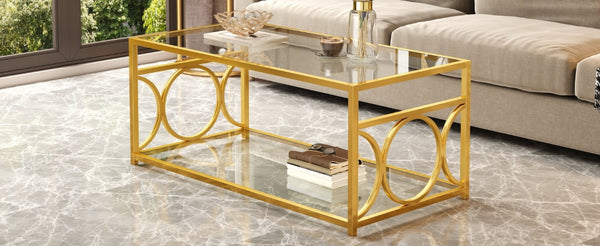 English Elm Modern Art Deco Rectangular Glass Coffee Table with Gold Geometric Frame Two Tier Transparent N735P507235K