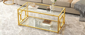 English Elm Modern Art Deco Rectangular Glass Coffee Table with Gold Geometric Frame Two Tier Transparent N735P507235K