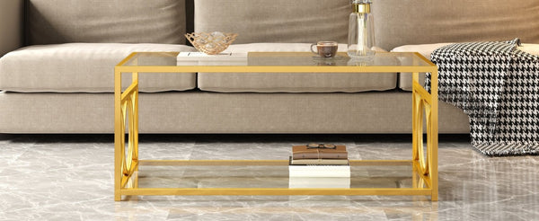 English Elm Modern Art Deco Rectangular Glass Coffee Table with Gold Geometric Frame Two Tier Transparent N735P507235K