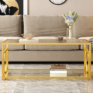 English Elm Modern Art Deco Rectangular Glass Coffee Table with Gold Geometric Frame Two Tier Transparent N735P507235K