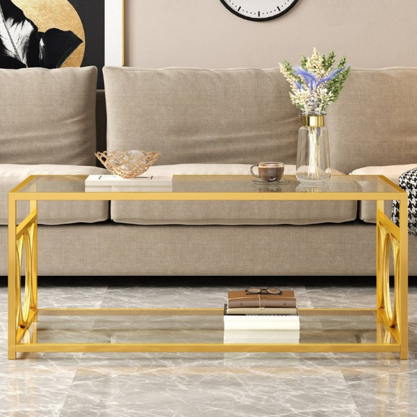 English Elm Modern Art Deco Rectangular Glass Coffee Table with Gold Geometric Frame Two Tier Transparent N735P507235K