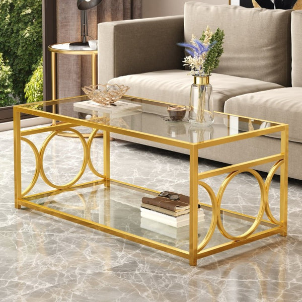 English Elm Modern Art Deco Rectangular Glass Coffee Table with Gold Geometric Frame Two Tier Transparent N735P507235K