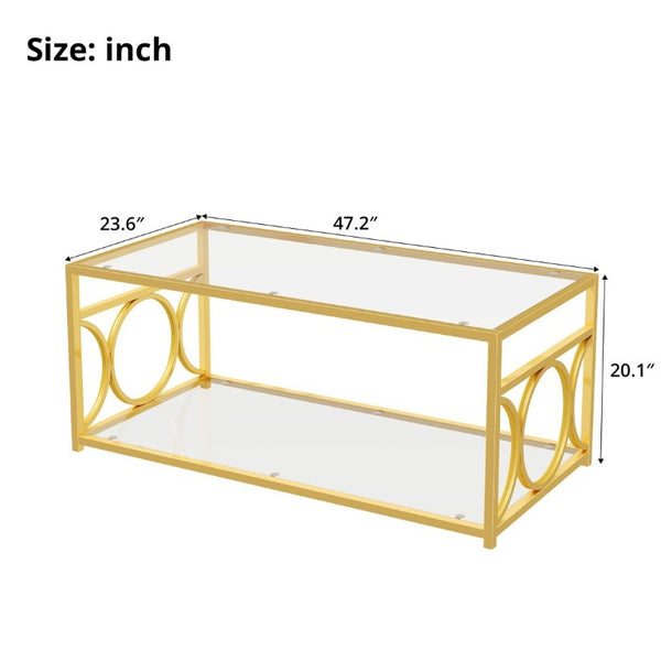 English Elm Modern Art Deco Rectangular Glass Coffee Table with Gold Geometric Frame Two Tier Transparent N735P507235K