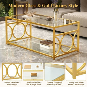 English Elm Modern Art Deco Rectangular Glass Coffee Table with Gold Geometric Frame Two Tier Transparent N735P507235K