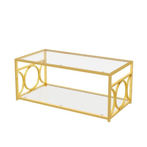 English Elm Modern Art Deco Rectangular Glass Coffee Table with Gold Geometric Frame Two Tier Transparent N735P507235K