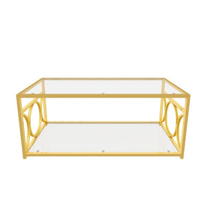 English Elm Modern Art Deco Rectangular Glass Coffee Table with Gold Geometric Frame Two Tier Transparent N735P507235K