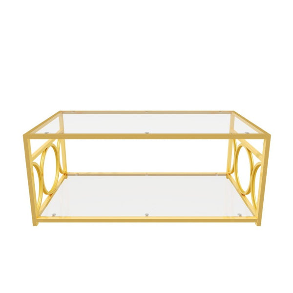 English Elm Modern Art Deco Rectangular Glass Coffee Table with Gold Geometric Frame Two Tier Transparent N735P507235K