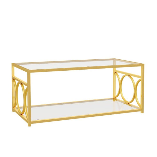 English Elm Modern Art Deco Rectangular Glass Coffee Table with Gold Geometric Frame Two Tier Transparent N735P507235K