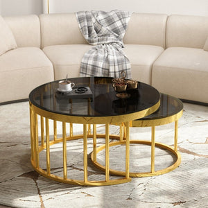 English Elm Round Mirrored Glass Nesting Tables Glam Metal Frame Accent Set for Living Room Black N735P507241B