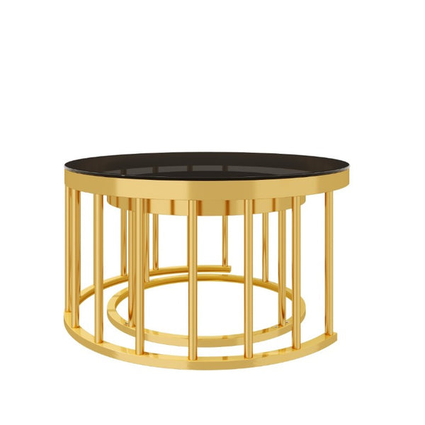 English Elm Round Mirrored Glass Nesting Tables Glam Metal Frame Accent Set for Living Room Black N735P507241B