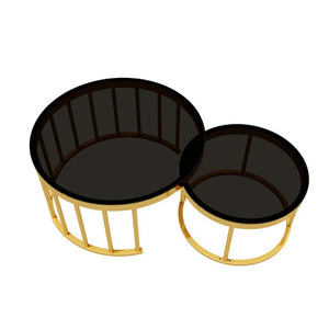 English Elm Round Mirrored Glass Nesting Tables Glam Metal Frame Accent Set for Living Room Black N735P507241B
