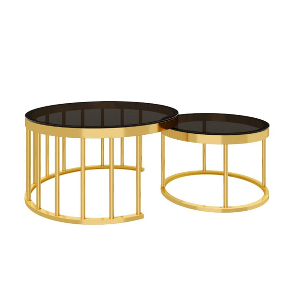 English Elm Round Mirrored Glass Nesting Tables Glam Metal Frame Accent Set for Living Room Black N735P507241B