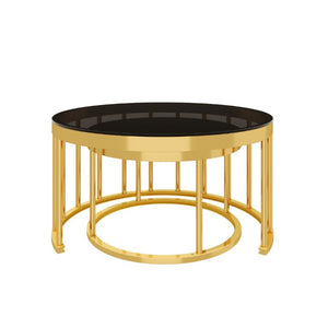 English Elm Round Mirrored Glass Nesting Tables Glam Metal Frame Accent Set for Living Room Black N735P507241B