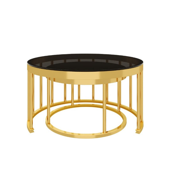 English Elm Round Mirrored Glass Nesting Tables Glam Metal Frame Accent Set for Living Room Black N735P507241B