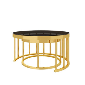 English Elm Round Mirrored Glass Nesting Tables Glam Metal Frame Accent Set for Living Room Black N735P507241B