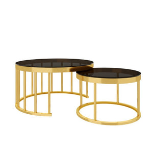 English Elm Round Mirrored Glass Nesting Tables Glam Metal Frame Accent Set for Living Room Black N735P507241B