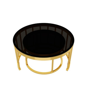 English Elm Round Mirrored Glass Nesting Tables Glam Metal Frame Accent Set for Living Room Black N735P507241B
