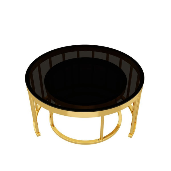 English Elm Round Mirrored Glass Nesting Tables Glam Metal Frame Accent Set for Living Room Black N735P507241B
