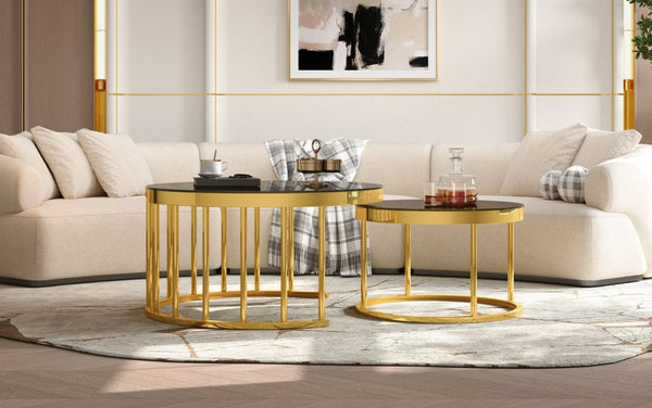 English Elm Round Mirrored Glass Nesting Tables Glam Metal Frame Accent Set for Living Room Black N735P507241B