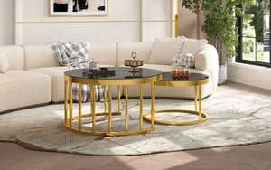 English Elm Round Mirrored Glass Nesting Tables Glam Metal Frame Accent Set for Living Room Black N735P507241B