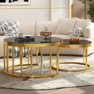 English Elm Round Mirrored Glass Nesting Tables Glam Metal Frame Accent Set for Living Room Black N735P507241B