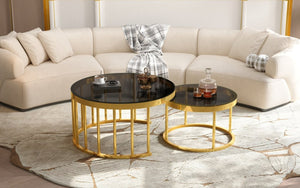English Elm Round Mirrored Glass Nesting Tables Glam Metal Frame Accent Set for Living Room Black N735P507241B