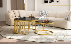 English Elm Round Mirrored Glass Nesting Tables Glam Metal Frame Accent Set for Living Room Black N735P507241B