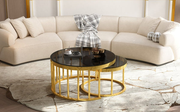 English Elm Round Mirrored Glass Nesting Tables Glam Metal Frame Accent Set for Living Room Black N735P507241B