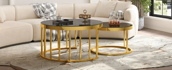 English Elm Round Mirrored Glass Nesting Tables Glam Metal Frame Accent Set for Living Room Black N735P507241B