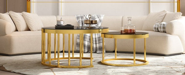 English Elm Round Mirrored Glass Nesting Tables Glam Metal Frame Accent Set for Living Room Black N735P507241B