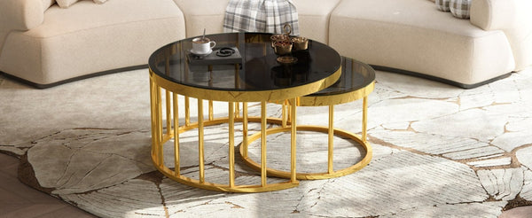 English Elm Round Mirrored Glass Nesting Tables Glam Metal Frame Accent Set for Living Room Black N735P507241B