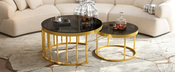 English Elm Round Mirrored Glass Nesting Tables Glam Metal Frame Accent Set for Living Room Black N735P507241B