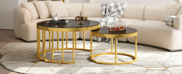 English Elm Round Mirrored Glass Nesting Tables Glam Metal Frame Accent Set for Living Room Black N735P507241B