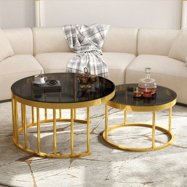 English Elm Round Mirrored Glass Nesting Tables Glam Metal Frame Accent Set for Living Room Black N735P507241B