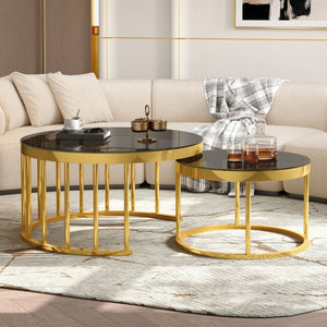 English Elm Round Mirrored Glass Nesting Tables Glam Metal Frame Accent Set for Living Room Black N735P507241B