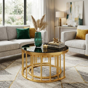 English Elm Round Mirrored Glass Nesting Tables Glam Metal Frame Accent Set for Living Room Black N735P507241B