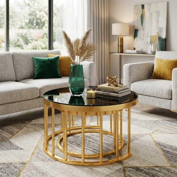 English Elm Round Mirrored Glass Nesting Tables Glam Metal Frame Accent Set for Living Room Black N735P507241B