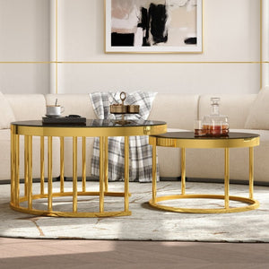 English Elm Round Mirrored Glass Nesting Tables Glam Metal Frame Accent Set for Living Room Black N735P507241B