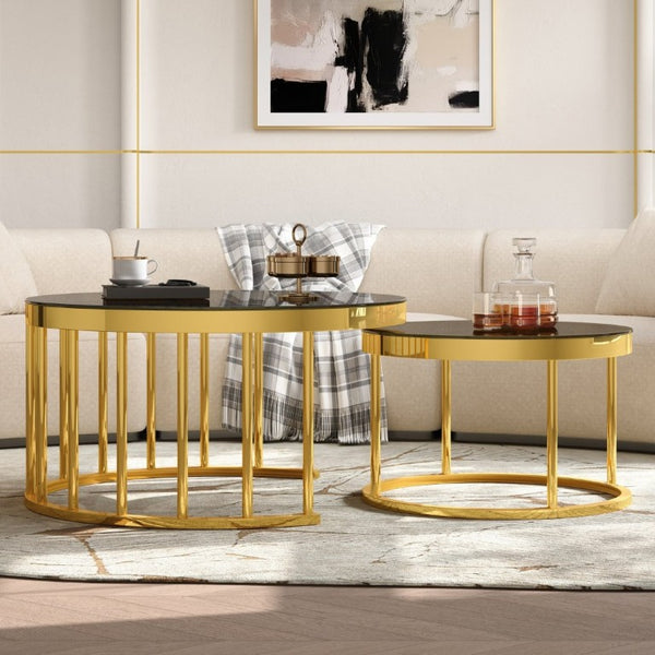 English Elm Round Mirrored Glass Nesting Tables Glam Metal Frame Accent Set for Living Room Black N735P507241B