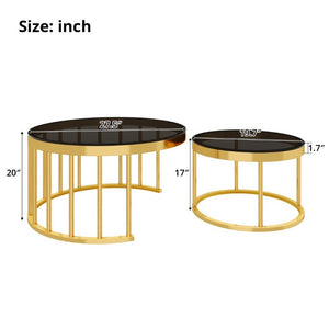 English Elm Round Mirrored Glass Nesting Tables Glam Metal Frame Accent Set for Living Room Black N735P507241B