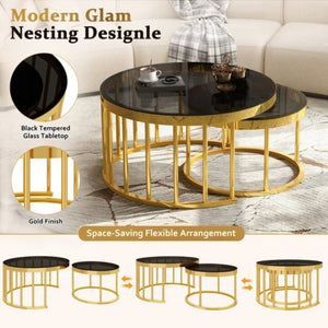 English Elm Round Mirrored Glass Nesting Tables Glam Metal Frame Accent Set for Living Room Black N735P507241B