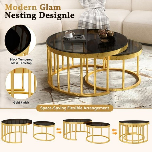 English Elm Round Mirrored Glass Nesting Tables Glam Metal Frame Accent Set for Living Room Black N735P507241B